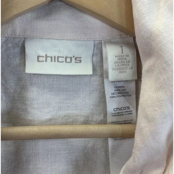 Chicos Linen Zip Up Jacket M Pink Eyelet 3/4 Sleeve Tunic Pockets Lagenlook‎ - Picture 6 of 16